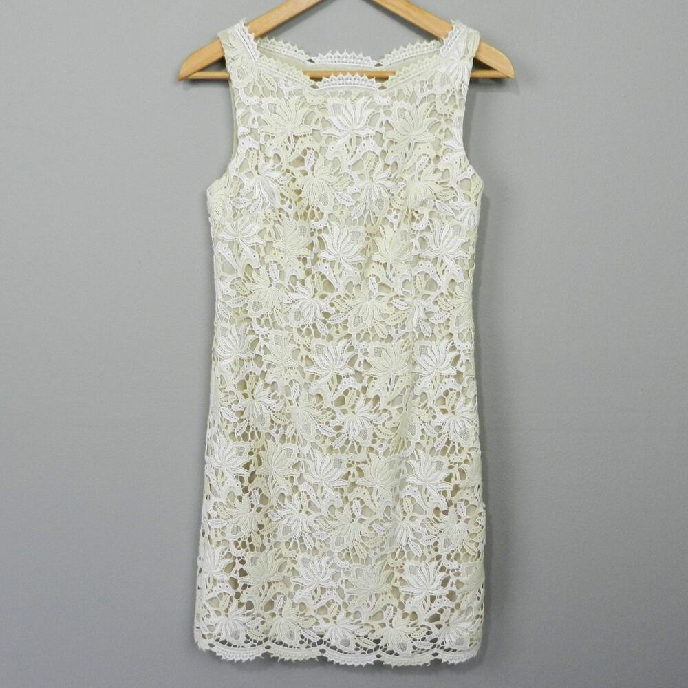 Ann Taylor‎ Bateau Lace Dress Size 0 Ivory Cream Antique Beige Broderie Sheath - Picture 2 of 11